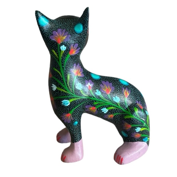 Oaxacan Wood Carving Hand Painted Cat Figurine Signed Jose Olevra Perez - Picture 6 of 8